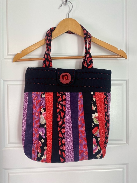 Handmade Handbags - Handmade Quilted Striped Tote Bag in Black, Red & Purple “ Red Hat Society “